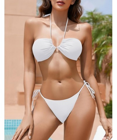 Women's Bandeau Bikini Sets O Ring Cinched Two Piece Swimsuit Tie Side Cheeky Bathing Suits White $14.27 Swimsuits