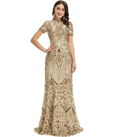 Women's Short Sleeves Sequins A-Line Formal Evening Dress Gold $52.53 Dresses