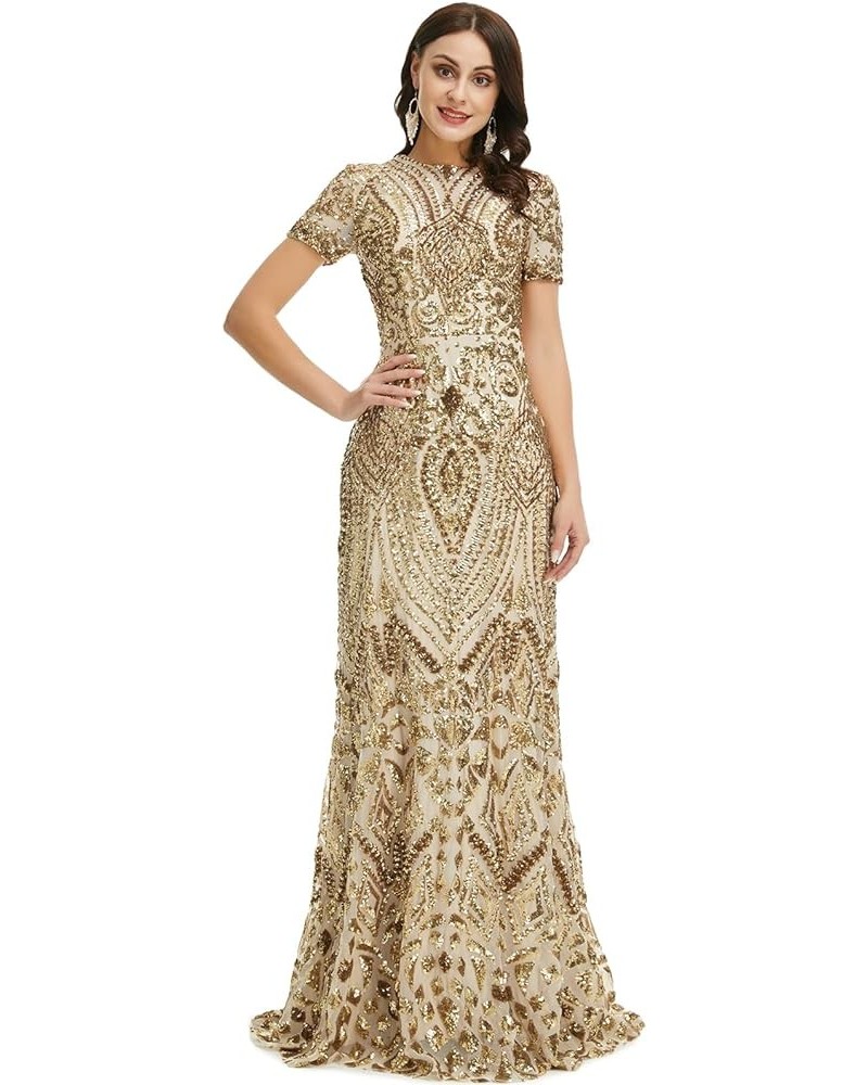 Women's Short Sleeves Sequins A-Line Formal Evening Dress Gold $52.53 Dresses