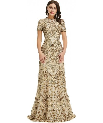 Women's Short Sleeves Sequins A-Line Formal Evening Dress Gold $52.53 Dresses