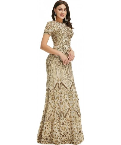 Women's Short Sleeves Sequins A-Line Formal Evening Dress Gold $52.53 Dresses