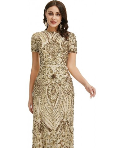 Women's Short Sleeves Sequins A-Line Formal Evening Dress Gold $52.53 Dresses