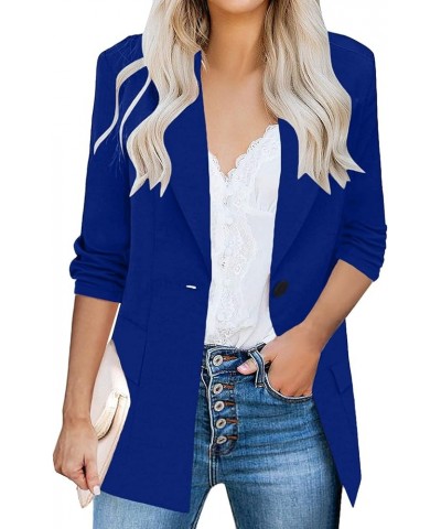 Womens Casual Blazers 3/4 Stretchy Ruched Sleeve One Button Work Office Blazer Open Front Jacket S-XXXL Deep Blue $20.65 Blazers