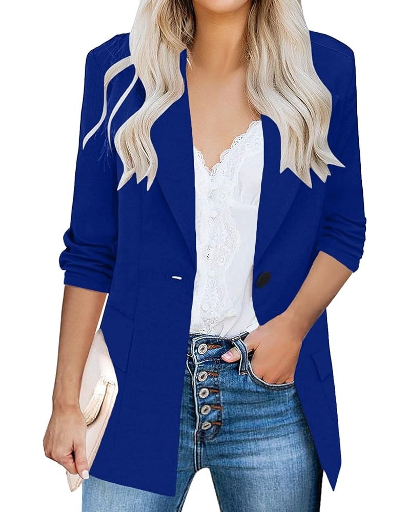 Womens Casual Blazers 3/4 Stretchy Ruched Sleeve One Button Work Office Blazer Open Front Jacket S-XXXL Deep Blue $20.65 Blazers