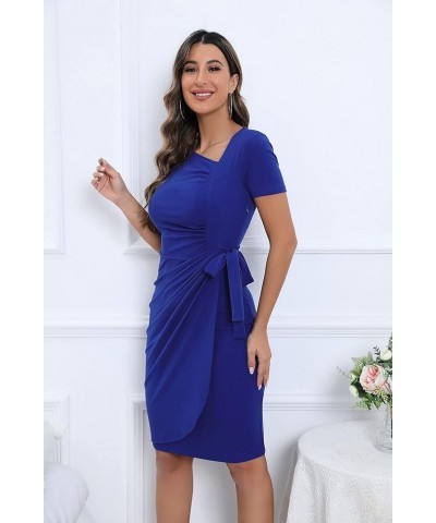 Women's Summer wrap Dress, Retro V-Neck 1950's Knee-Length Slim Dress, Business Casual Party Ruffle Dress Royal Blue（short Sl...