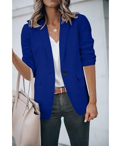 Womens Casual Blazers 3/4 Stretchy Ruched Sleeve One Button Work Office Blazer Open Front Jacket S-XXXL Deep Blue $20.65 Blazers