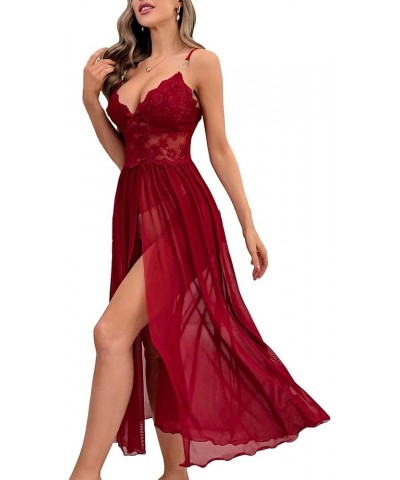 Women's Deep V Lace Backless Sexy Sheer Babydoll Nightgown Night Dress Slips Burgundy $12.90 Lingerie