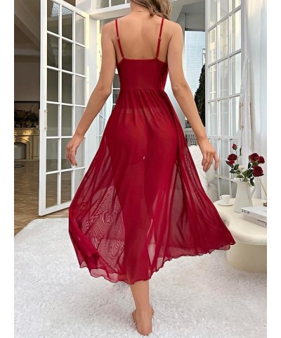 Women's Deep V Lace Backless Sexy Sheer Babydoll Nightgown Night Dress Slips Burgundy $12.90 Lingerie