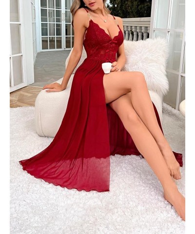 Women's Deep V Lace Backless Sexy Sheer Babydoll Nightgown Night Dress Slips Burgundy $12.90 Lingerie