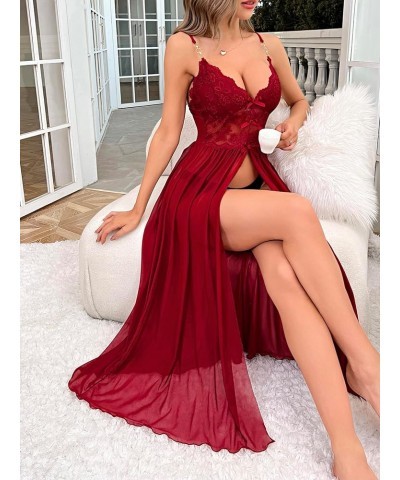 Women's Deep V Lace Backless Sexy Sheer Babydoll Nightgown Night Dress Slips Burgundy $12.90 Lingerie