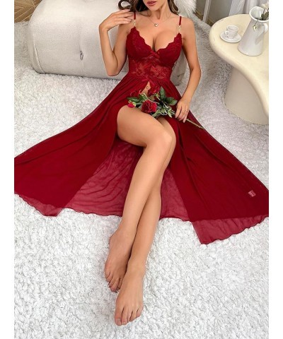 Women's Deep V Lace Backless Sexy Sheer Babydoll Nightgown Night Dress Slips Burgundy $12.90 Lingerie