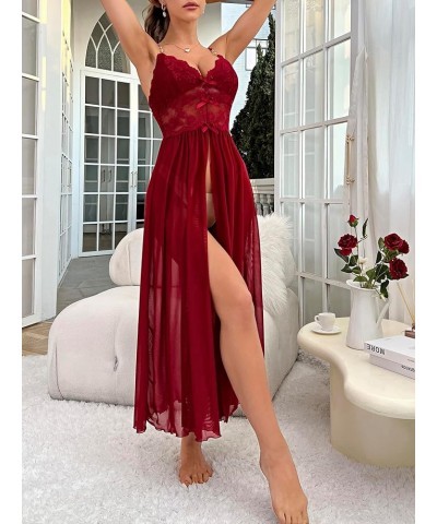 Women's Deep V Lace Backless Sexy Sheer Babydoll Nightgown Night Dress Slips Burgundy $12.90 Lingerie