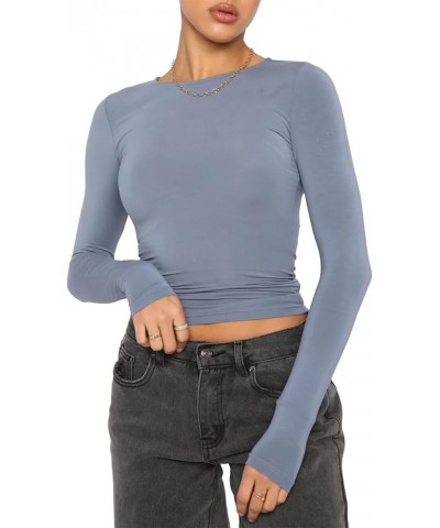 Womens Long Sleeve T Shirts Crew Neck Slim Fit Crop Top Sexy Basic Tee Workout Y2K Tight Shirts Going Out Tops Light Blue $10...