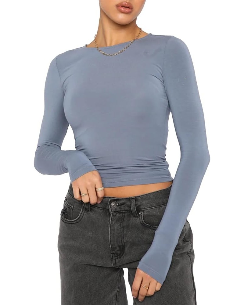 Womens Long Sleeve T Shirts Crew Neck Slim Fit Crop Top Sexy Basic Tee Workout Y2K Tight Shirts Going Out Tops Light Blue $10...