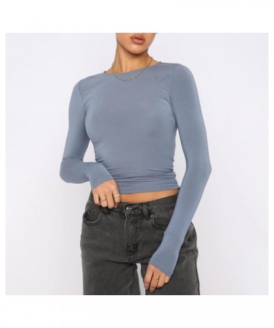 Womens Long Sleeve T Shirts Crew Neck Slim Fit Crop Top Sexy Basic Tee Workout Y2K Tight Shirts Going Out Tops Light Blue $10...