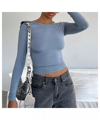 Womens Long Sleeve T Shirts Crew Neck Slim Fit Crop Top Sexy Basic Tee Workout Y2K Tight Shirts Going Out Tops Light Blue $10...