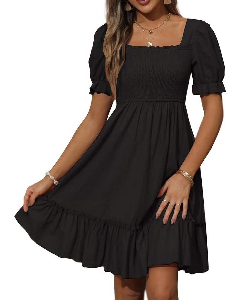 Women's Square Neck Smocked Dresses Long & Short Sleeve Ruffle A-line Knee Length Dress S-XXL Black-short Sleeve $22.78 Dresses