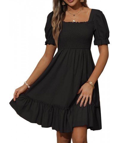 Women's Square Neck Smocked Dresses Long & Short Sleeve Ruffle A-line Knee Length Dress S-XXL Black-short Sleeve $22.78 Dresses