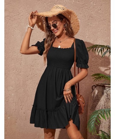 Women's Square Neck Smocked Dresses Long & Short Sleeve Ruffle A-line Knee Length Dress S-XXL Black-short Sleeve $22.78 Dresses