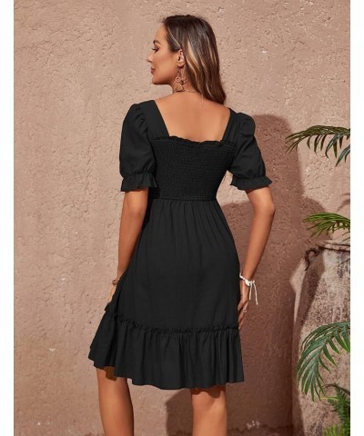 Women's Square Neck Smocked Dresses Long & Short Sleeve Ruffle A-line Knee Length Dress S-XXL Black-short Sleeve $22.78 Dresses