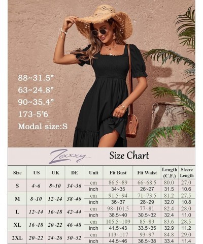 Women's Square Neck Smocked Dresses Long & Short Sleeve Ruffle A-line Knee Length Dress S-XXL Black-short Sleeve $22.78 Dresses