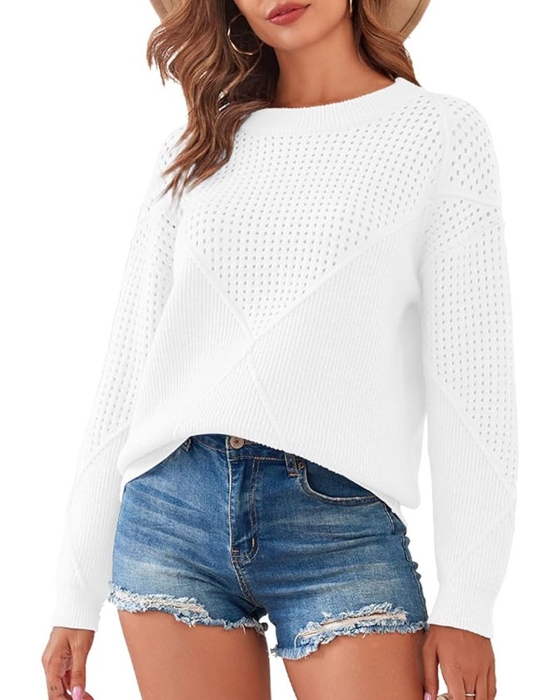 2023 Fashion Womens Crewneck Sweater Hollow Cable Knit Solid Long Sleeve Patchwork Pullover Jumper Tops White $13.74 Sweaters