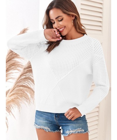 2023 Fashion Womens Crewneck Sweater Hollow Cable Knit Solid Long Sleeve Patchwork Pullover Jumper Tops White $13.74 Sweaters