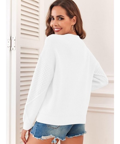 2023 Fashion Womens Crewneck Sweater Hollow Cable Knit Solid Long Sleeve Patchwork Pullover Jumper Tops White $13.74 Sweaters