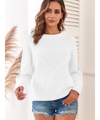 2023 Fashion Womens Crewneck Sweater Hollow Cable Knit Solid Long Sleeve Patchwork Pullover Jumper Tops White $13.74 Sweaters