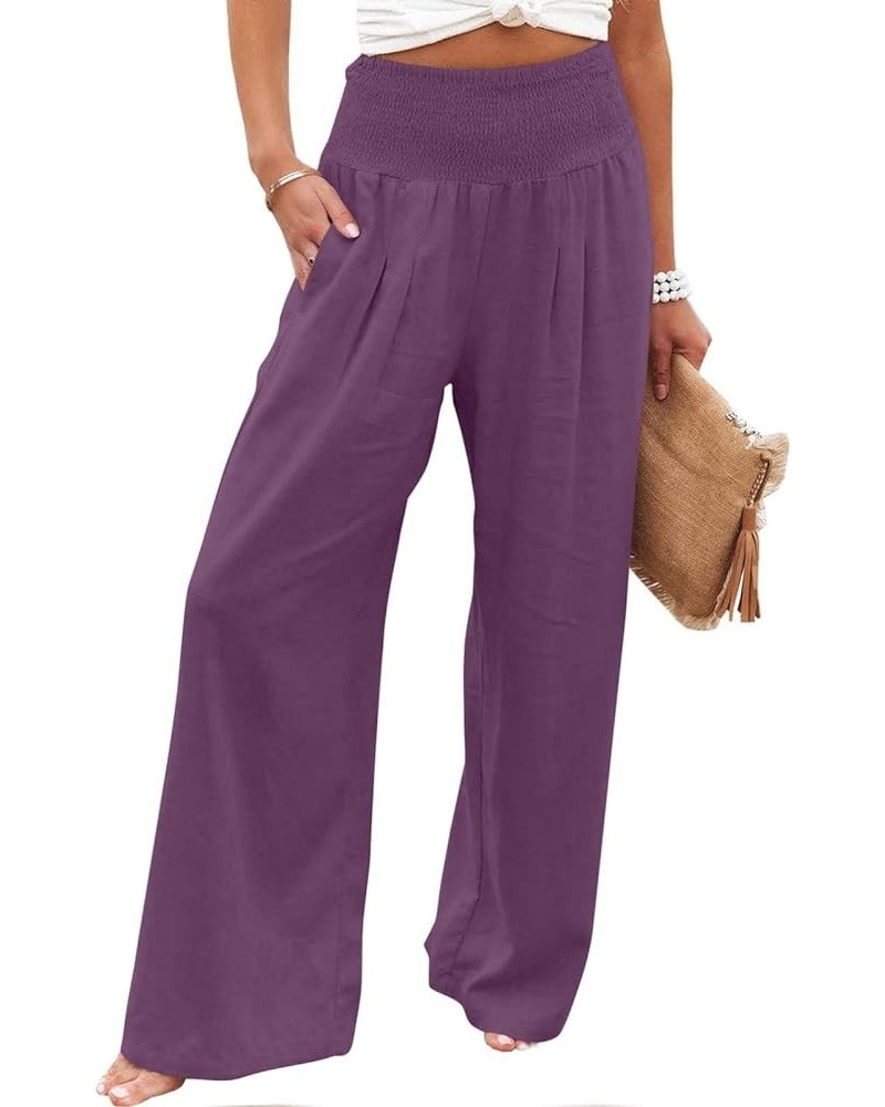 Women's Cotton Linen Wide Leg Pants Summer Casual High Waisted Boho Palazzo Pants Baggy Lounge Trousers w Pockets A1 purple $...