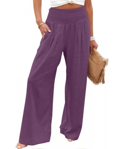 Women's Cotton Linen Wide Leg Pants Summer Casual High Waisted Boho Palazzo Pants Baggy Lounge Trousers w Pockets A1 purple $...