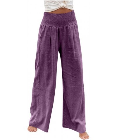 Women's Cotton Linen Wide Leg Pants Summer Casual High Waisted Boho Palazzo Pants Baggy Lounge Trousers w Pockets A1 purple $...