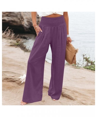 Women's Cotton Linen Wide Leg Pants Summer Casual High Waisted Boho Palazzo Pants Baggy Lounge Trousers w Pockets A1 purple $...