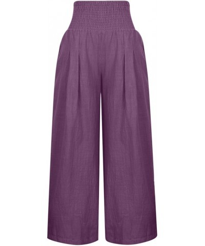 Women's Cotton Linen Wide Leg Pants Summer Casual High Waisted Boho Palazzo Pants Baggy Lounge Trousers w Pockets A1 purple $...