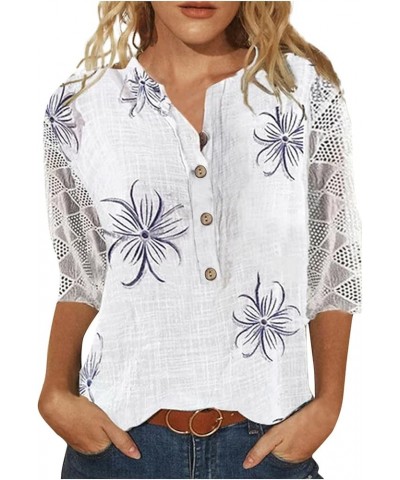 3/4 Sleeve Blouses for Women Button Down Floral Print Elbow Length Tee Shirts Loose Fit White Half Sleeve Tops R28-light Purp...