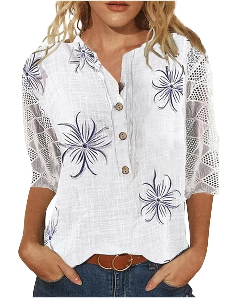 3/4 Sleeve Blouses for Women Button Down Floral Print Elbow Length Tee Shirts Loose Fit White Half Sleeve Tops R28-light Purp...