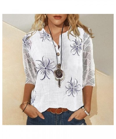 3/4 Sleeve Blouses for Women Button Down Floral Print Elbow Length Tee Shirts Loose Fit White Half Sleeve Tops R28-light Purp...