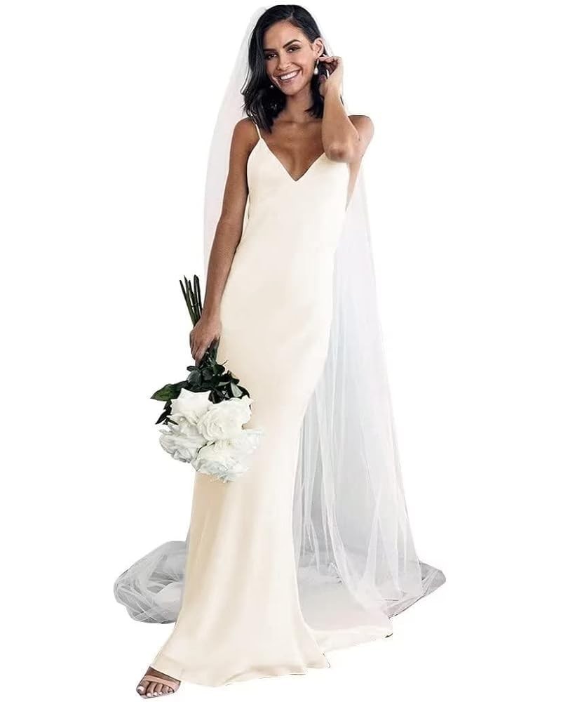 Simple Beach Wedding Dresses Long A-Line Spaghetti Straps Bridal Gowns with Train V Neck Evening Gown for Bride A-ivory $43.4...