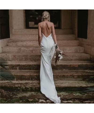 Simple Beach Wedding Dresses Long A-Line Spaghetti Straps Bridal Gowns with Train V Neck Evening Gown for Bride A-ivory $43.4...