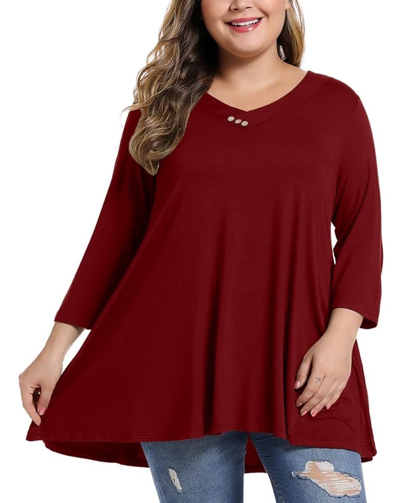 Womens Plus Size 3/4 Sleeve V Neck Button Casual Loose Flowy Swing Tunic Tops Basic Tee Shirts for Leggings Wine Red $12.00 Tops