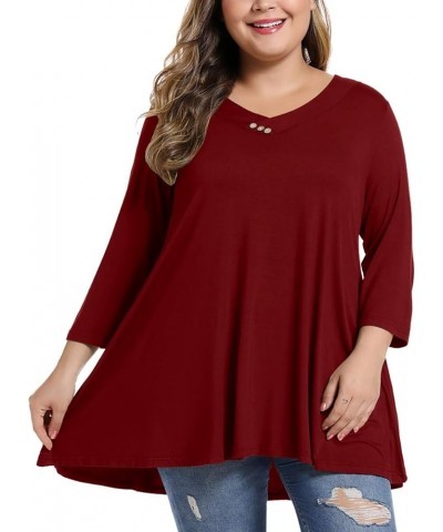 Womens Plus Size 3/4 Sleeve V Neck Button Casual Loose Flowy Swing Tunic Tops Basic Tee Shirts for Leggings Wine Red $12.00 Tops