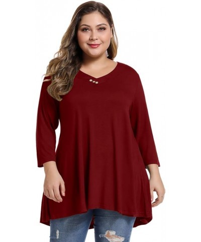 Womens Plus Size 3/4 Sleeve V Neck Button Casual Loose Flowy Swing Tunic Tops Basic Tee Shirts for Leggings Wine Red $12.00 Tops