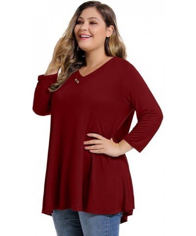 Womens Plus Size 3/4 Sleeve V Neck Button Casual Loose Flowy Swing Tunic Tops Basic Tee Shirts for Leggings Wine Red $12.00 Tops