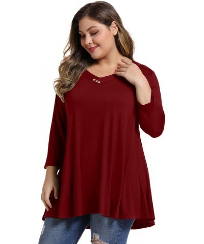 Womens Plus Size 3/4 Sleeve V Neck Button Casual Loose Flowy Swing Tunic Tops Basic Tee Shirts for Leggings Wine Red $12.00 Tops