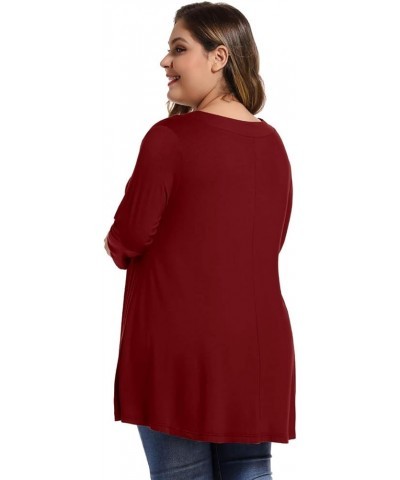 Womens Plus Size 3/4 Sleeve V Neck Button Casual Loose Flowy Swing Tunic Tops Basic Tee Shirts for Leggings Wine Red $12.00 Tops