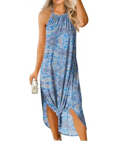 Women's Summer Casual Loose Sundress Halter/U-Neck Sleeveless Side Slit Long Maxi Dress A12 Fp Paisley Cyan $10.00 Dresses