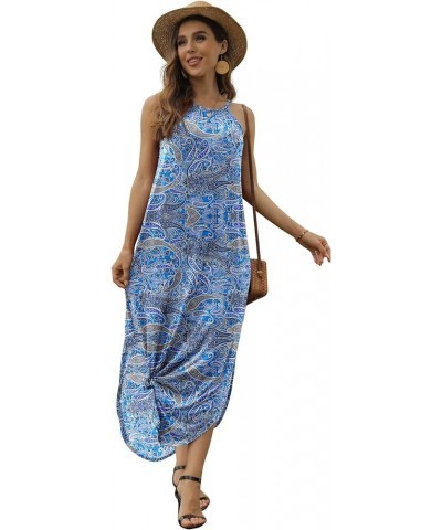 Women's Summer Casual Loose Sundress Halter/U-Neck Sleeveless Side Slit Long Maxi Dress A12 Fp Paisley Cyan $10.00 Dresses