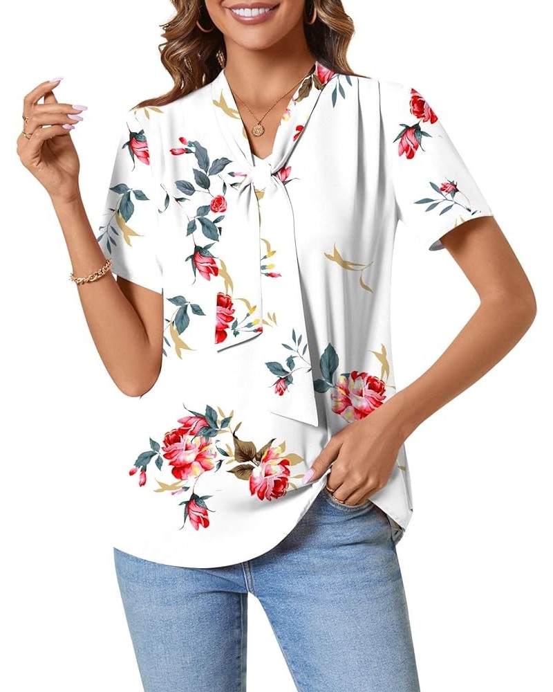 Womens Short Sleeve Summer Tunic Tops Dressy Chiffon Blouse Henley Shirts 2024 Casual Pullover Short Fl Rose White $10.81 Tops