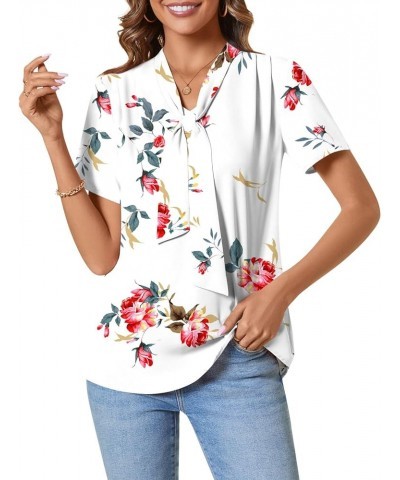 Womens Short Sleeve Summer Tunic Tops Dressy Chiffon Blouse Henley Shirts 2024 Casual Pullover Short Fl Rose White $10.81 Tops