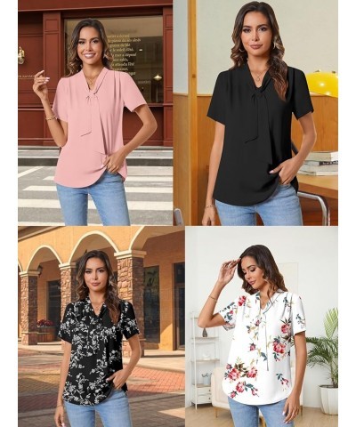 Womens Short Sleeve Summer Tunic Tops Dressy Chiffon Blouse Henley Shirts 2024 Casual Pullover Short Fl Rose White $10.81 Tops